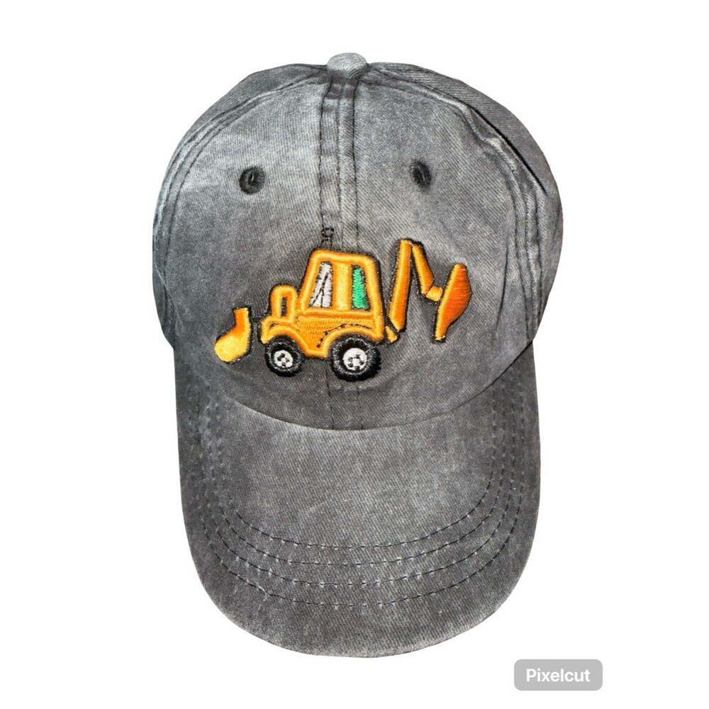 Kids Construction Excavator Hat Adjustable Gray Baseball Cap Embroidered Backhoe